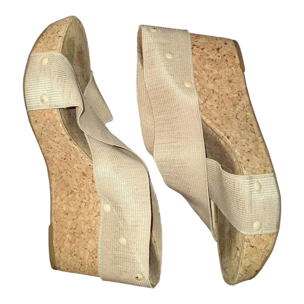 Lucky Brand Miller Gold Platform Wedges size 10 Open Toe Cork Sandals Boho